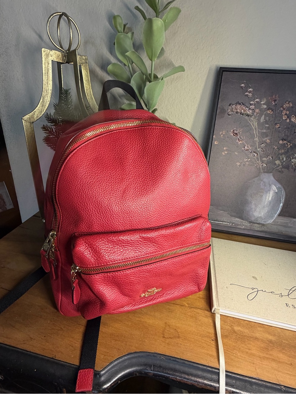 Coach Mini Charlie Red Pebbled Leather Mini Backpack with Gold Hardware